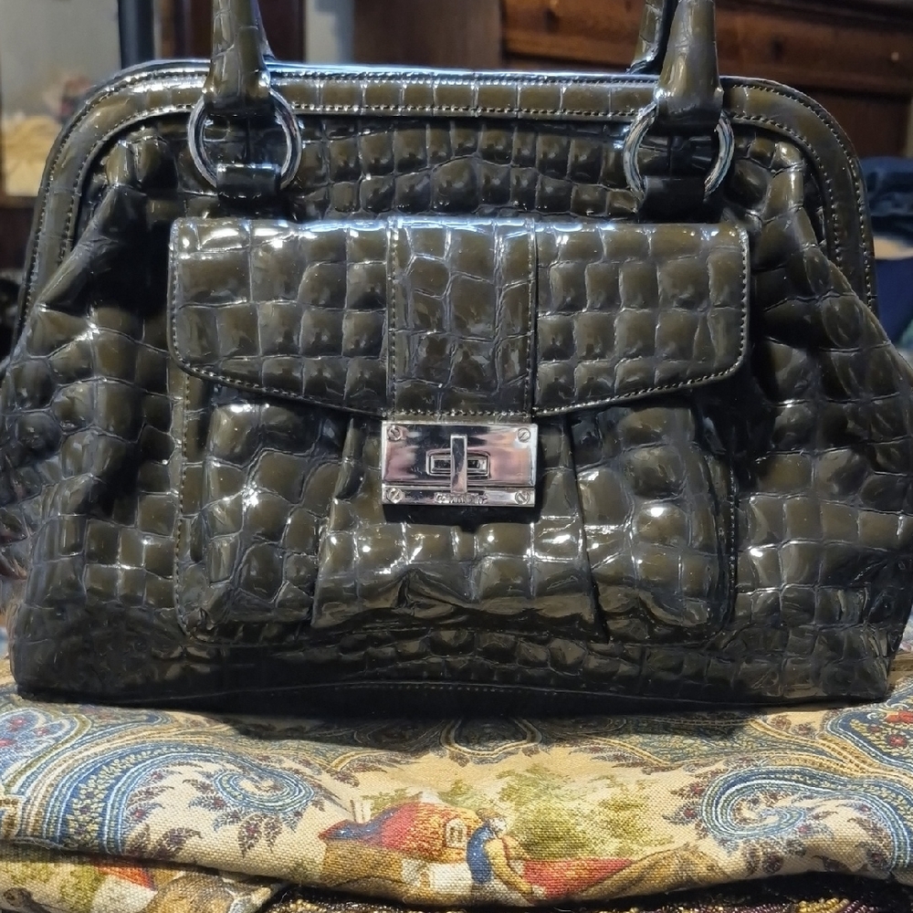 Calvin Klein Olive Crocodile-Embossed Satchel